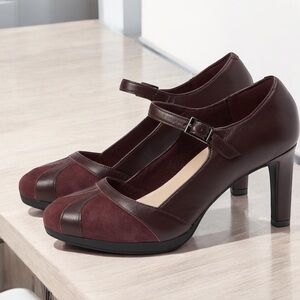 CLARKS AMBYR LIGHT MARY JANE HIGH HEEL PUMP. SIZE 11. BURGUNDY LEATHER AND SUEDE
